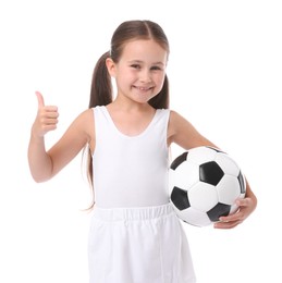 Photo of Little girl with soccer ball showing thumbs up on white background