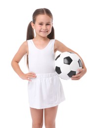 Photo of Little girl with soccer ball on white background