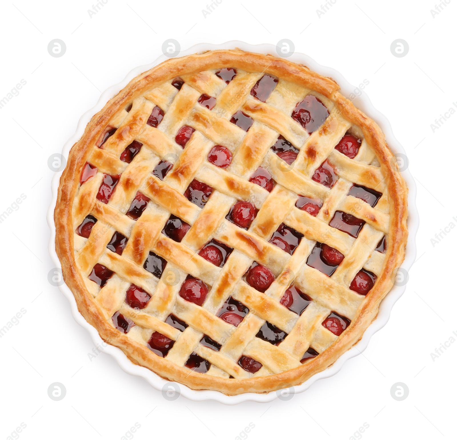 Photo of Tasty cherry pie isolated on white, top view