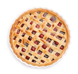 Photo of Tasty cherry pie isolated on white, top view