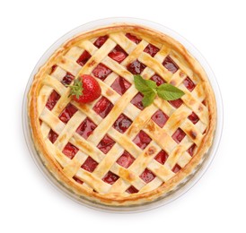 Photo of Tasty strawberry pie isolated on white, top view