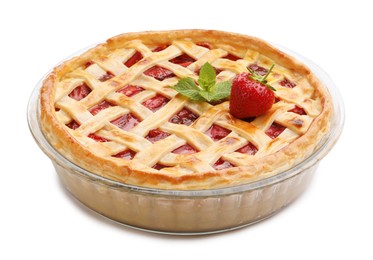 Photo of Tasty baked strawberry pie isolated on white