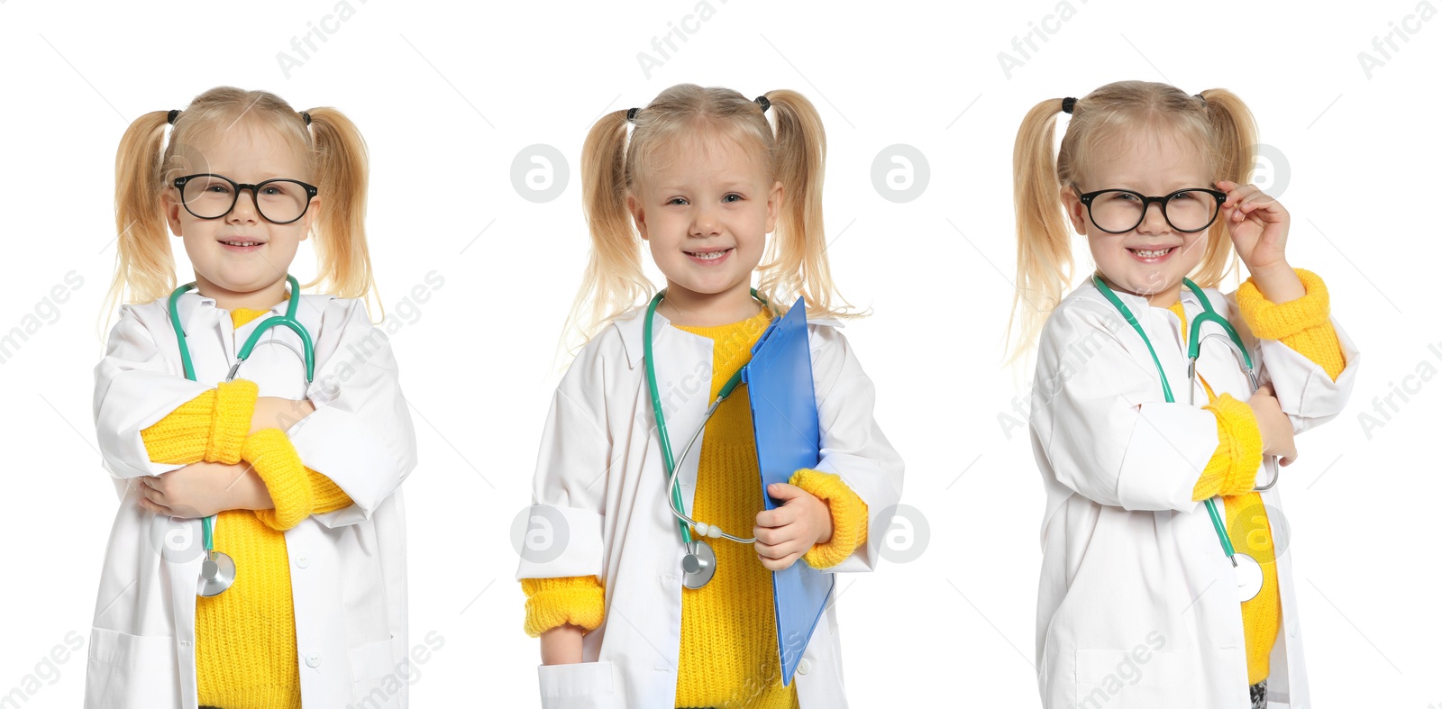 Cute child pretending to be doctor on white background, collage of photos Image of Cute child pretending to be doctor on white background, collage of photos