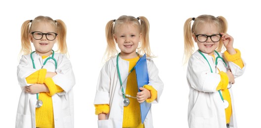 Image of Cute child pretending to be doctor on white background, collage of photos