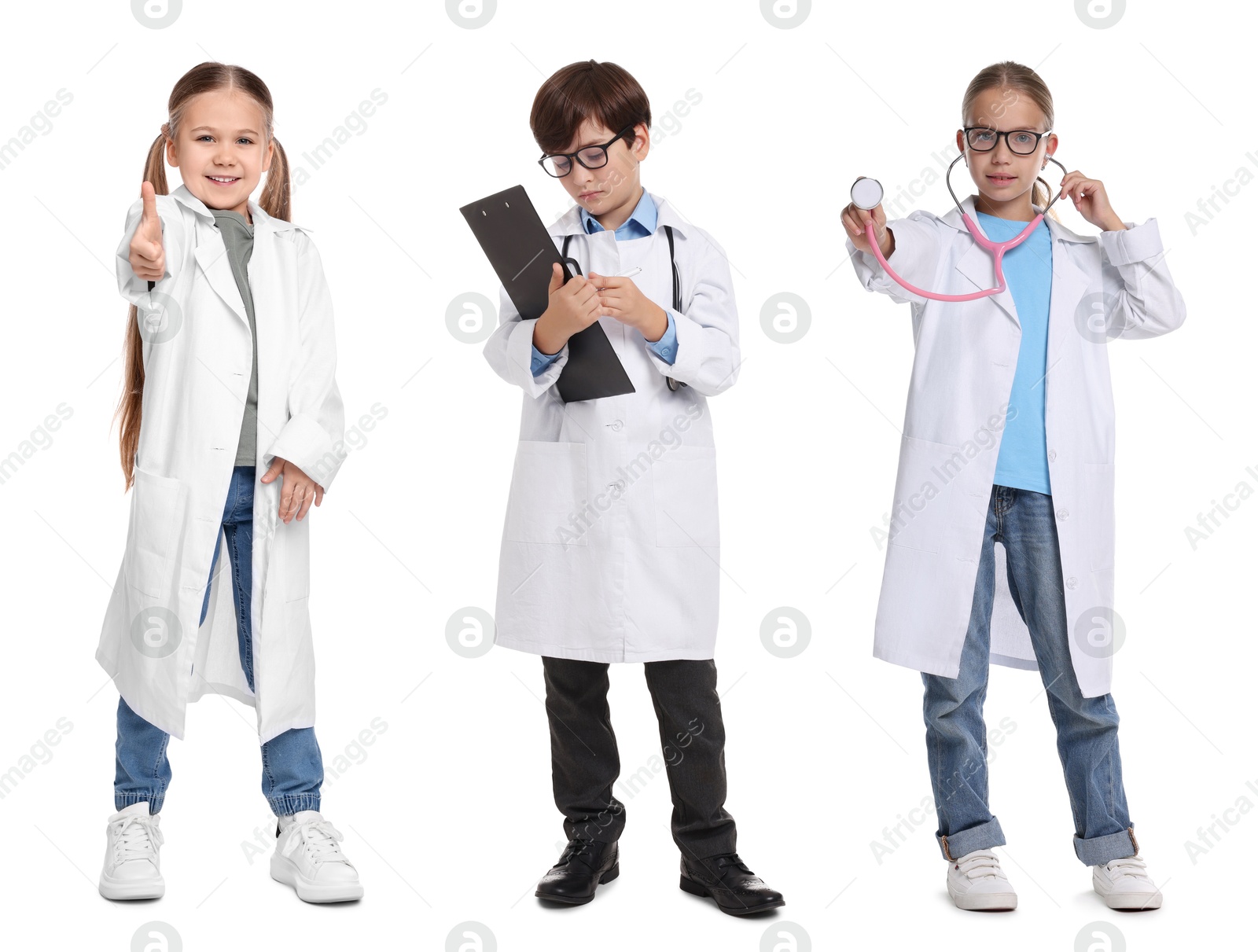 Cute children pretending to be doctor on white background, collage of photos Image of Cute children pretending to be doctor on white background, collage of photos