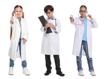 Image of Cute children pretending to be doctor on white background, collage of photos