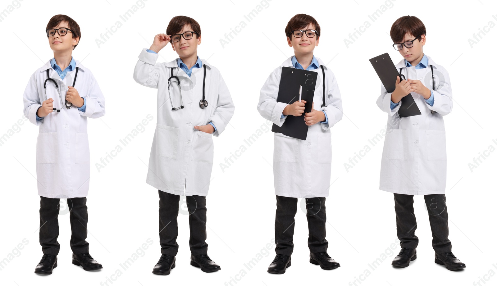 Cute child pretending to be doctor on white background, collage of photos Image of Cute child pretending to be doctor on white background, collage of photos