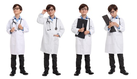 Image of Cute child pretending to be doctor on white background, collage of photos