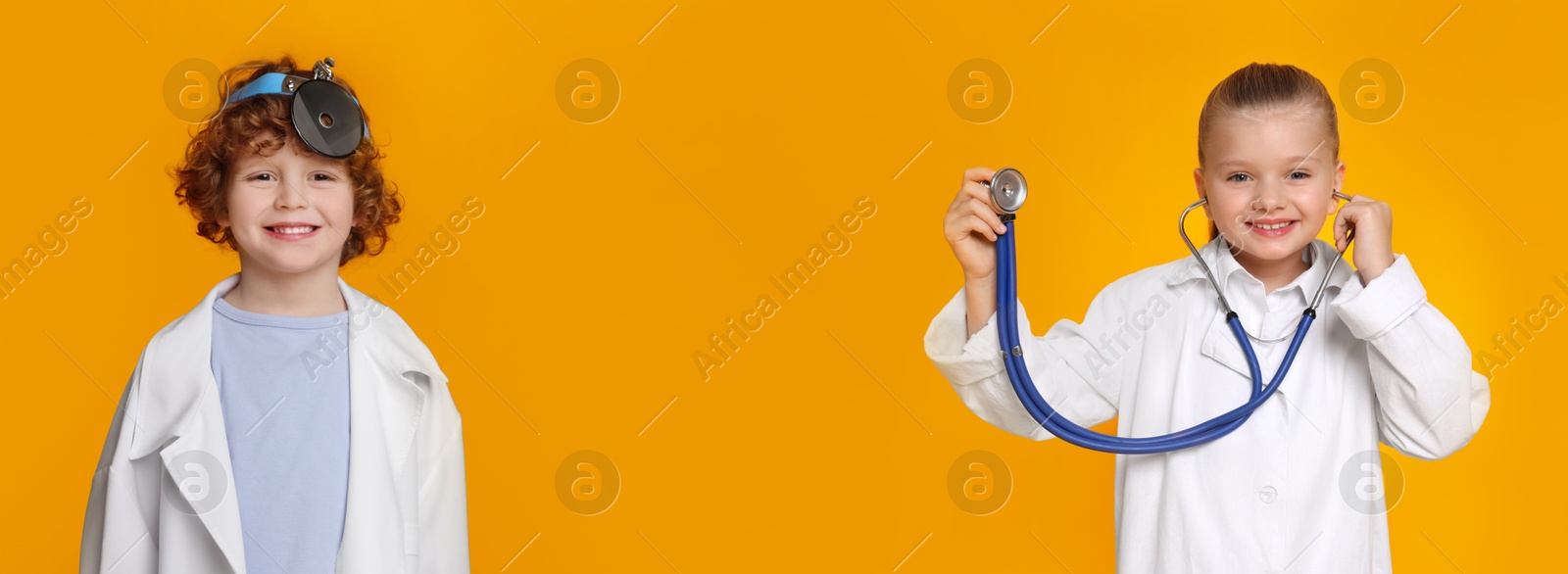 Cute children pretending to be doctor on orange background, collage of photos Image of Cute children pretending to be doctor on orange background, collage of photos