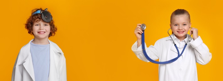 Image of Cute children pretending to be doctor on orange background, collage of photos
