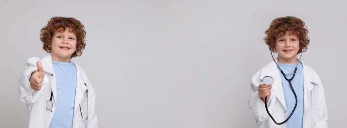Image of Cute child pretending to be doctor on grey background, collage of photos