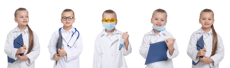Image of Cute child pretending to be doctor on white background, collage of photos