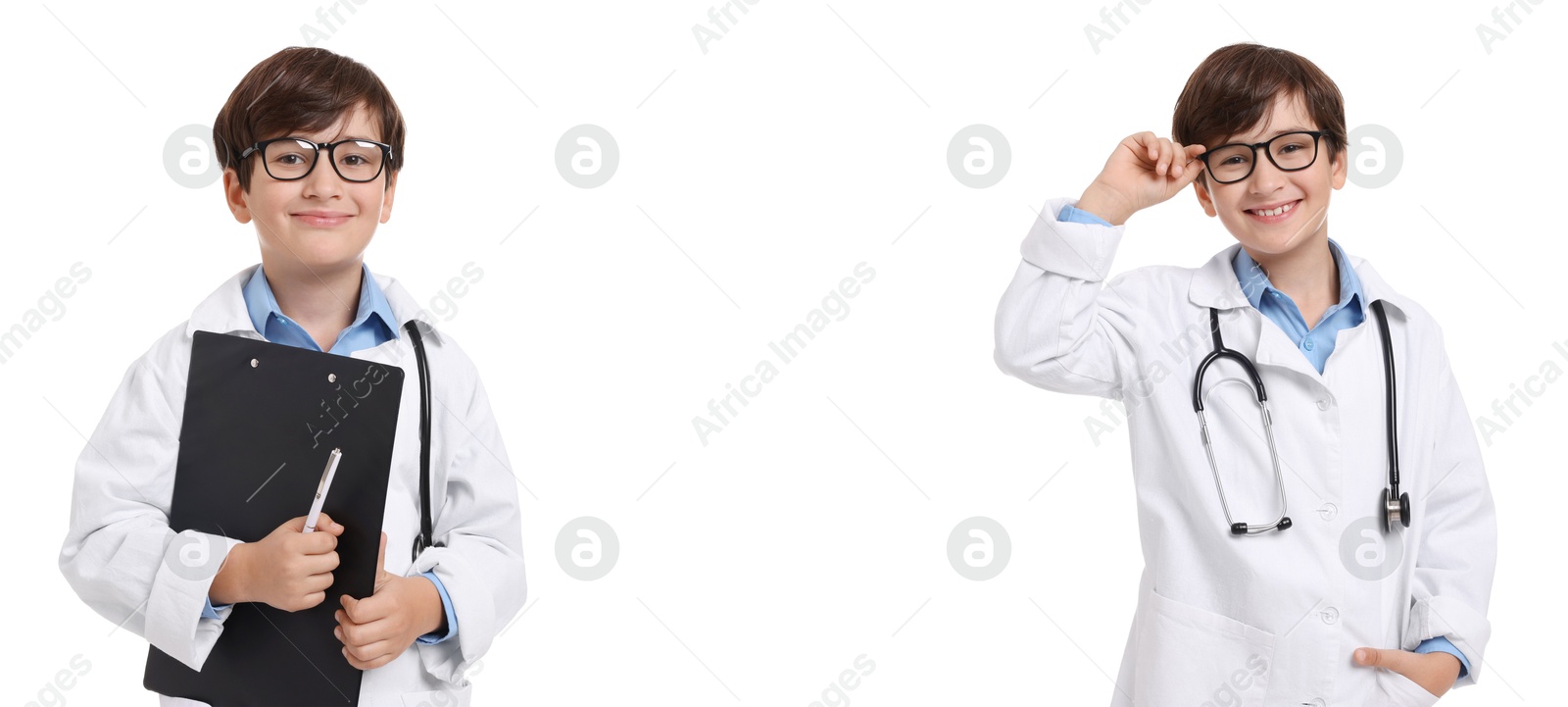 Cute child pretending to be doctor on white background, collage of photos Image of Cute child pretending to be doctor on white background, collage of photos