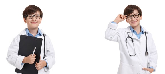 Image of Cute child pretending to be doctor on white background, collage of photos