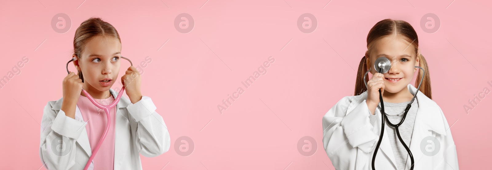 Cute children pretending to be doctor on pink background, collage of photos Image of Cute children pretending to be doctor on pink background, collage of photos