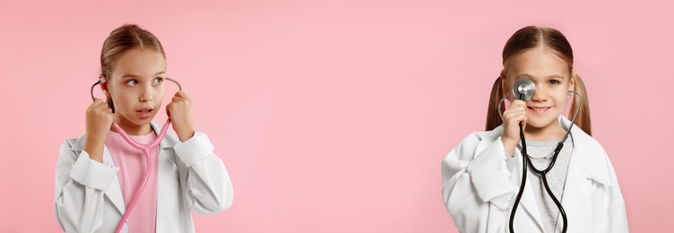 Image of Cute children pretending to be doctor on pink background, collage of photos