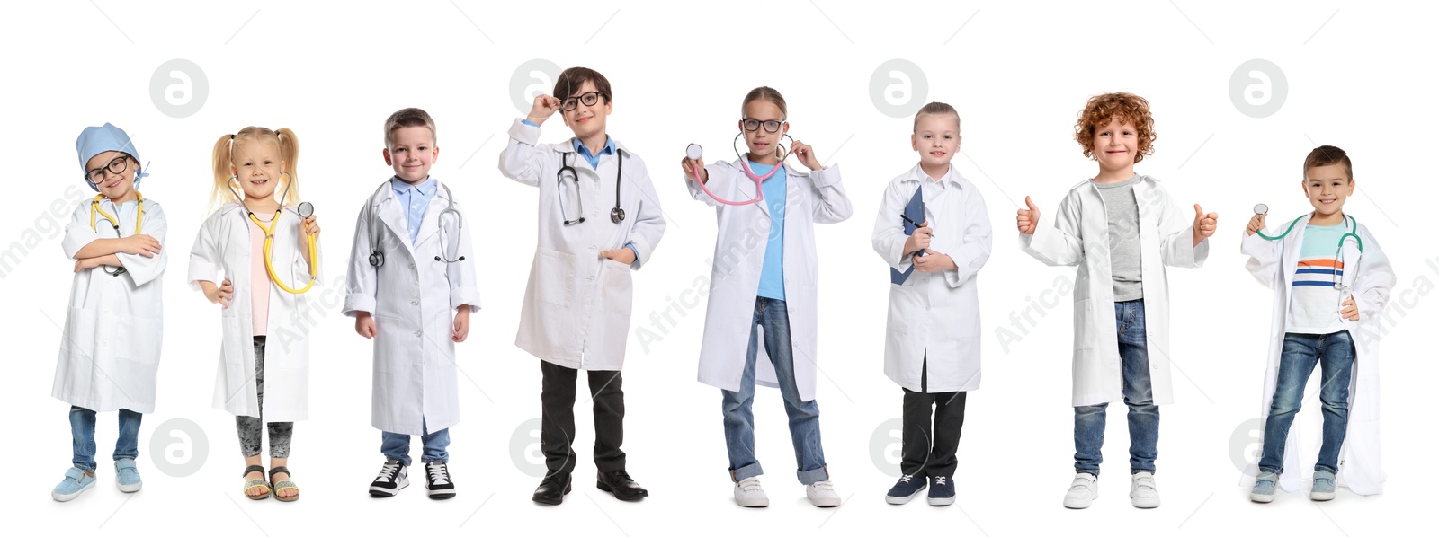 Cute children pretending to be doctor on white background, collage of photos Image of Cute children pretending to be doctor on white background, collage of photos