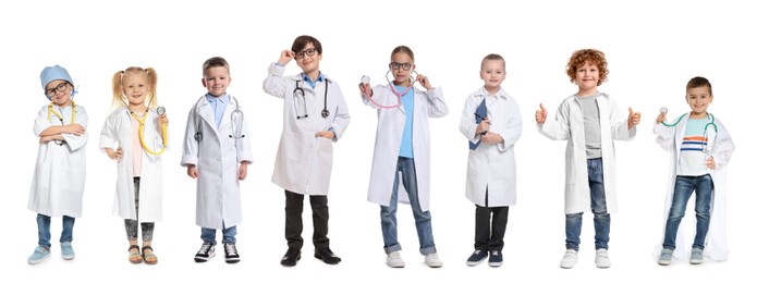 Image of Cute children pretending to be doctor on white background, collage of photos