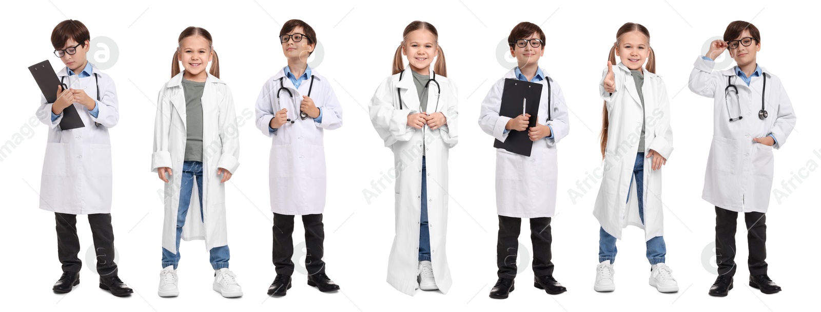 Cute children pretending to be doctor on white background, collage of photos Image of Cute children pretending to be doctor on white background, collage of photos