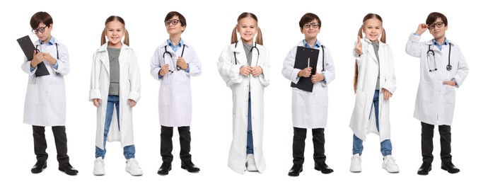 Image of Cute children pretending to be doctor on white background, collage of photos