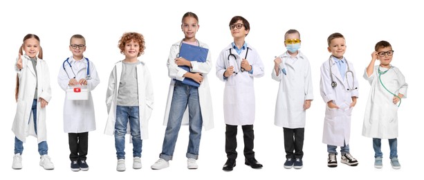 Image of Cute children pretending to be doctor on white background, collage of photos
