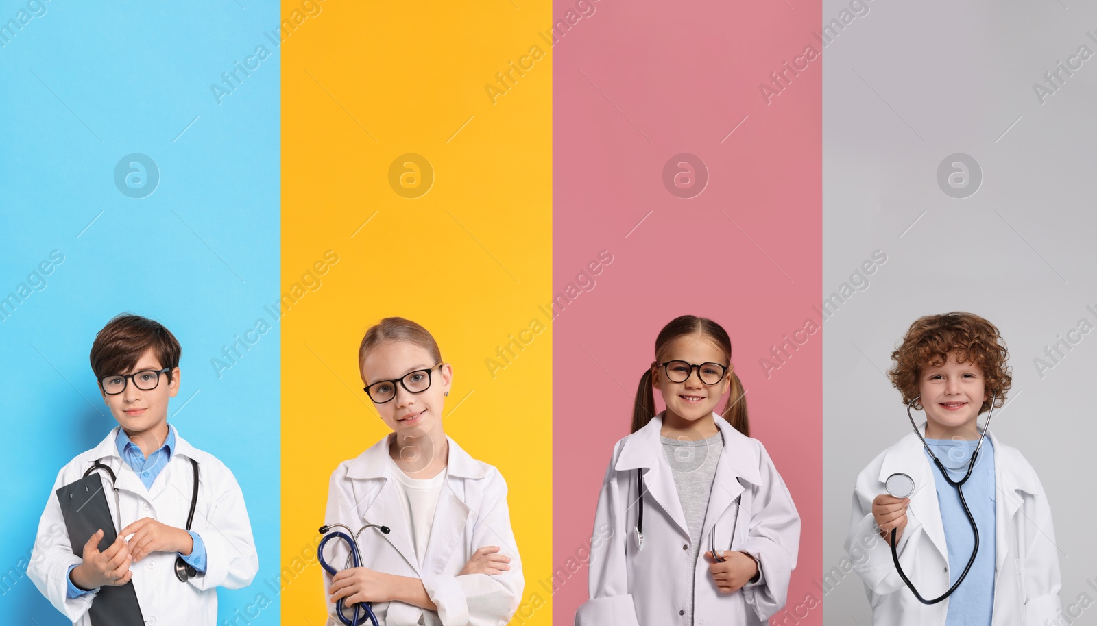 Cute children pretending to be doctor on colorful background, collage of photos Image of Cute children pretending to be doctor on colorful background, collage of photos