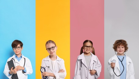 Image of Cute children pretending to be doctor on colorful background, collage of photos