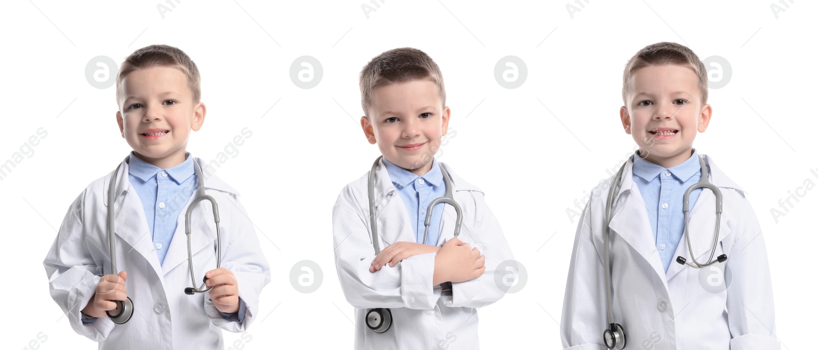 Cute child pretending to be doctor on white background, collage of photos Image of Cute child pretending to be doctor on white background, collage of photos