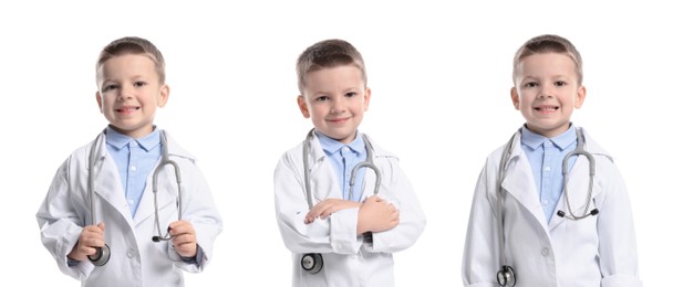 Image of Cute child pretending to be doctor on white background, collage of photos