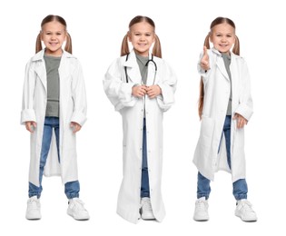 Image of Cute child pretending to be doctor on white background, collage of photos