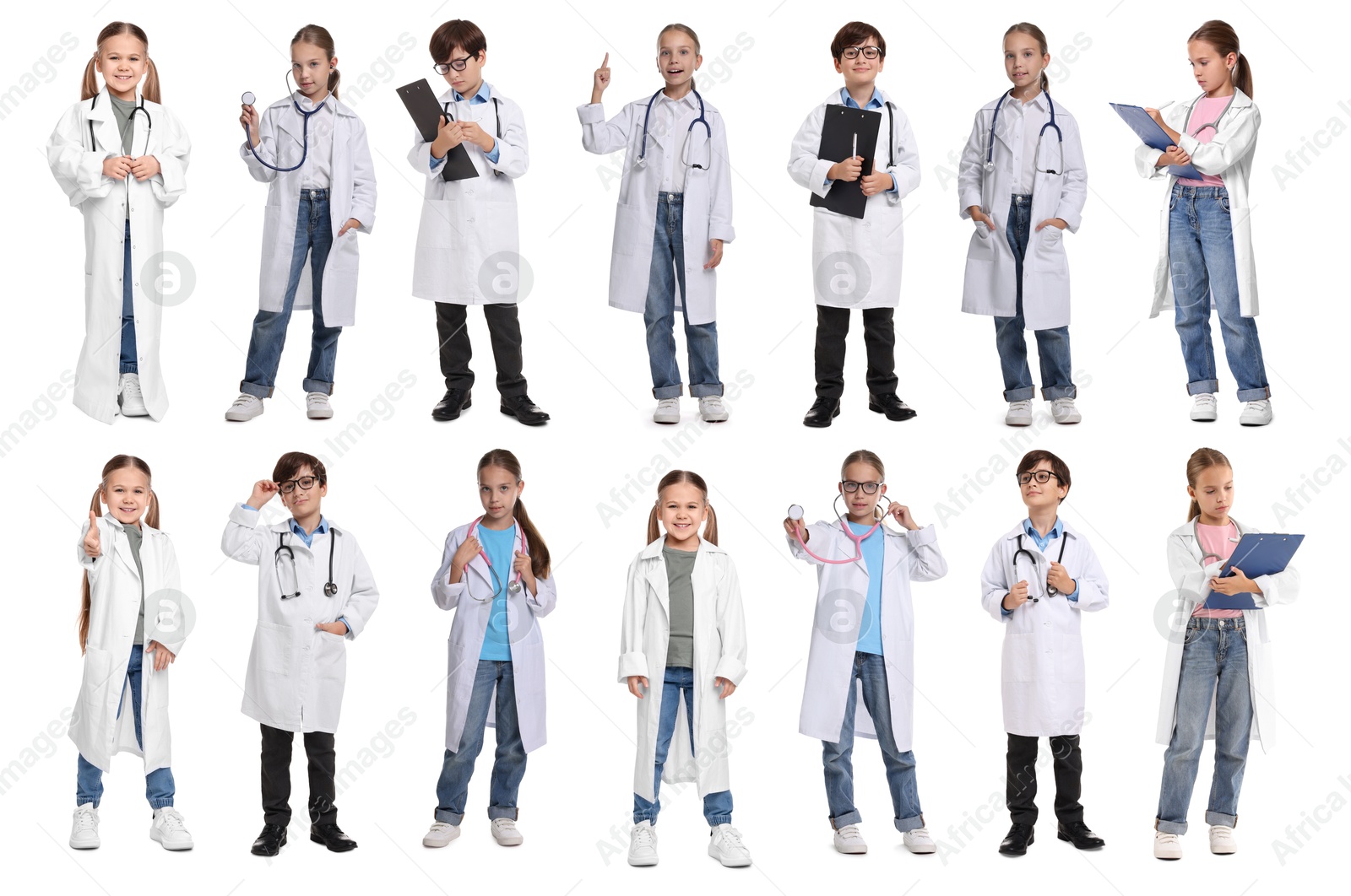 Cute children pretending to be doctor on white background, collage of photos Image of Cute children pretending to be doctor on white background, collage of photos