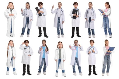 Image of Cute children pretending to be doctor on white background, collage of photos