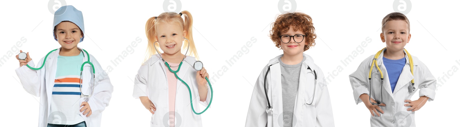 Cute children pretending to be doctor on white background, collage of photos Image of Cute children pretending to be doctor on white background, collage of photos