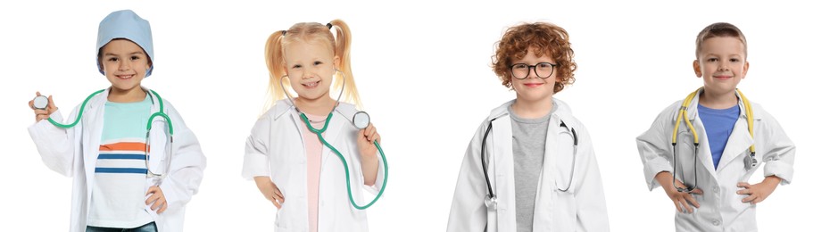 Image of Cute children pretending to be doctor on white background, collage of photos
