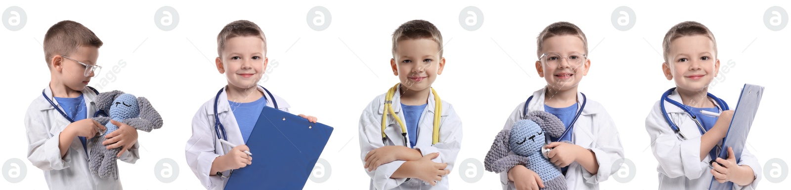 Cute child pretending to be doctor on white background, collage of photos Image of Cute child pretending to be doctor on white background, collage of photos