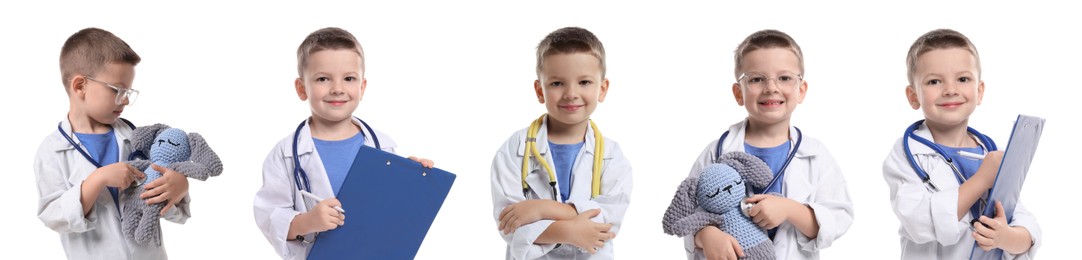 Image of Cute child pretending to be doctor on white background, collage of photos