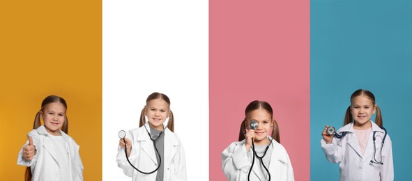 Image of Cute child pretending to be doctor on colorful background, collage of photos
