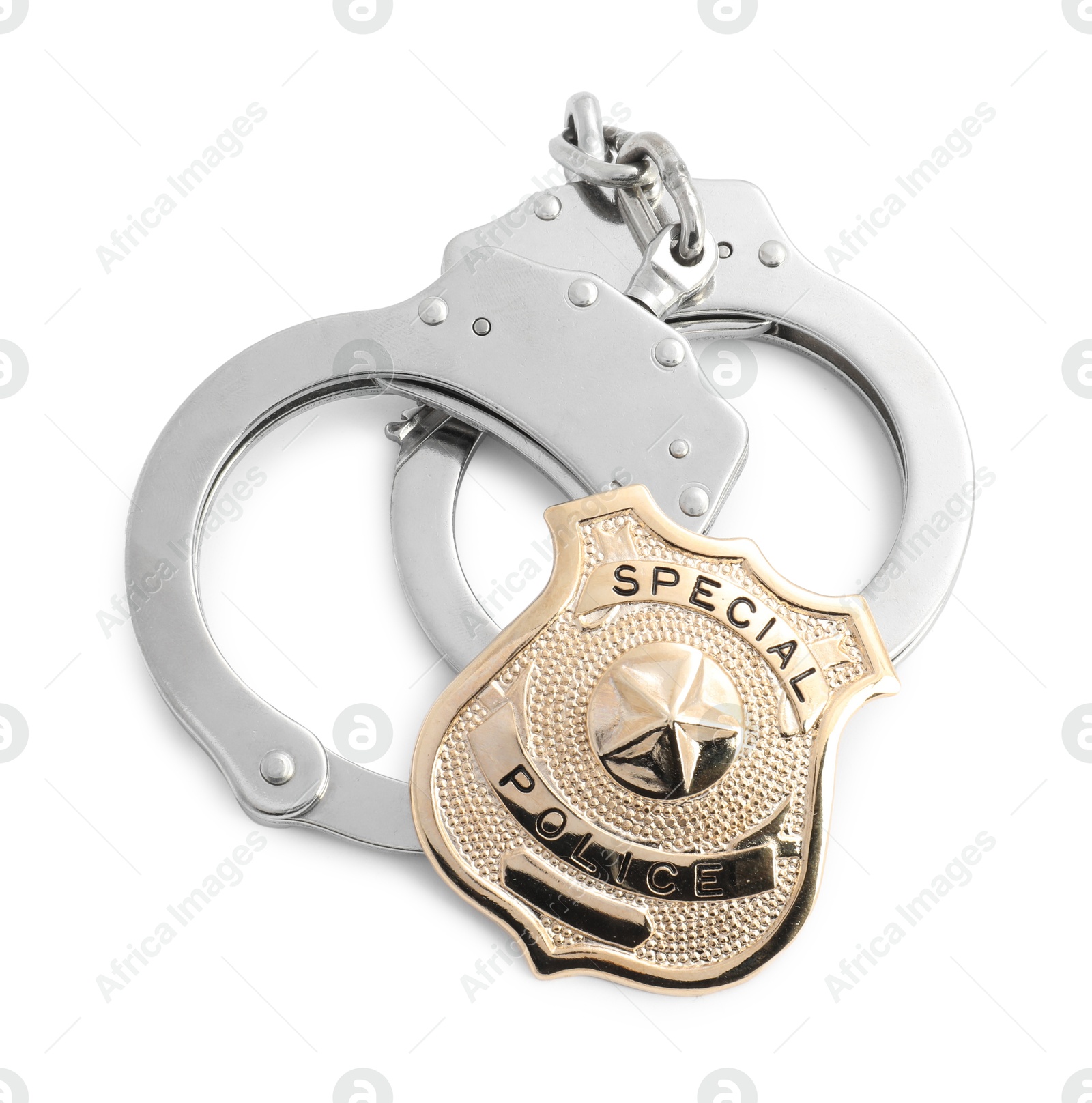 Police badge and handcuffs on white background, top view Photo of Police badge and handcuffs on white background, top view