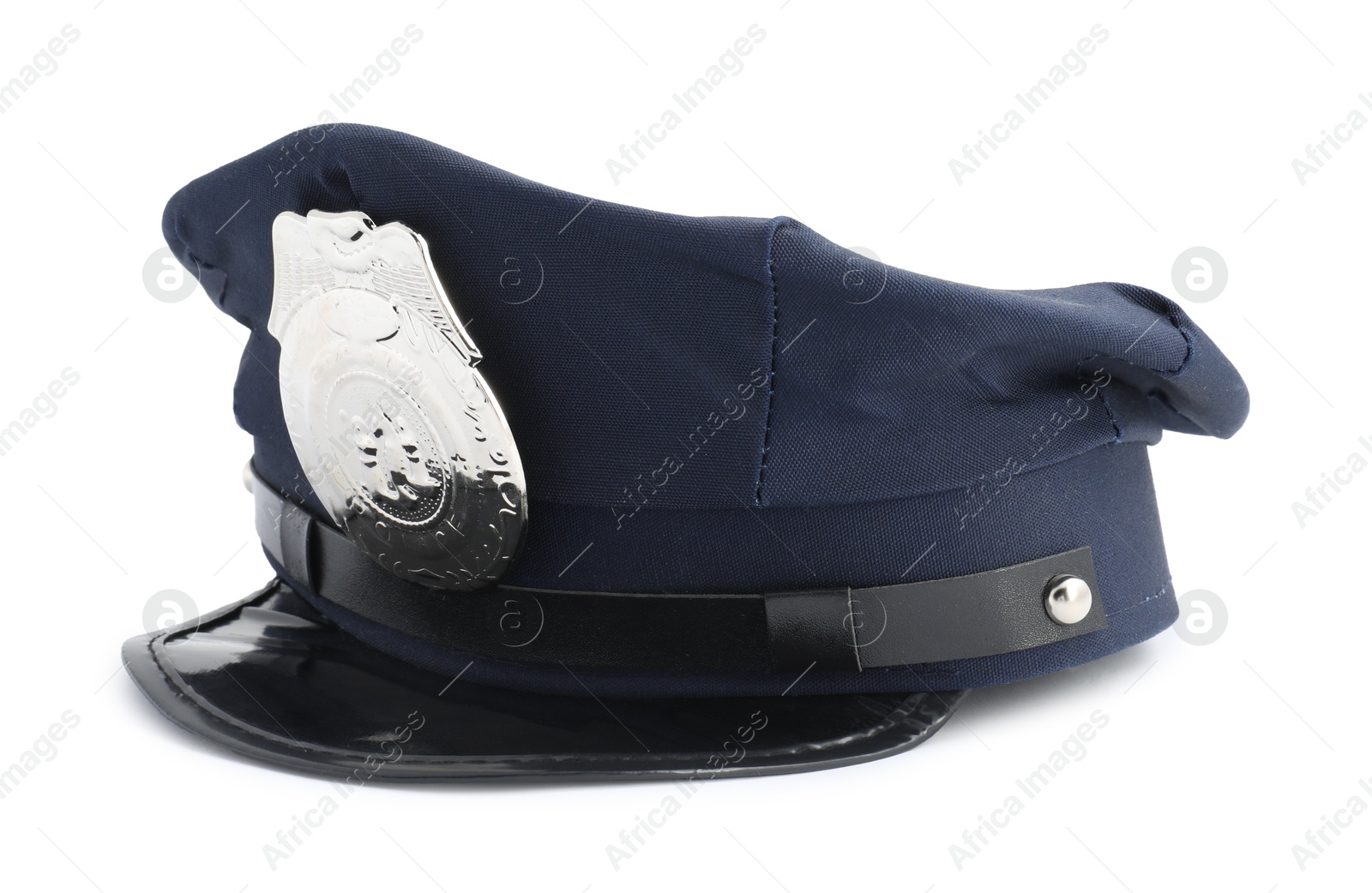 One dark blue police cap on white background Photo of One dark blue police cap on white background
