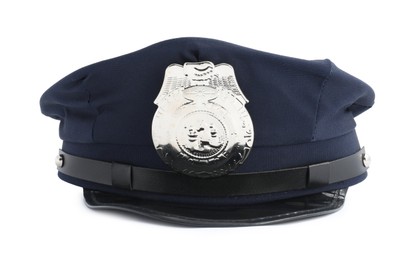 Photo of One dark blue police cap on white background