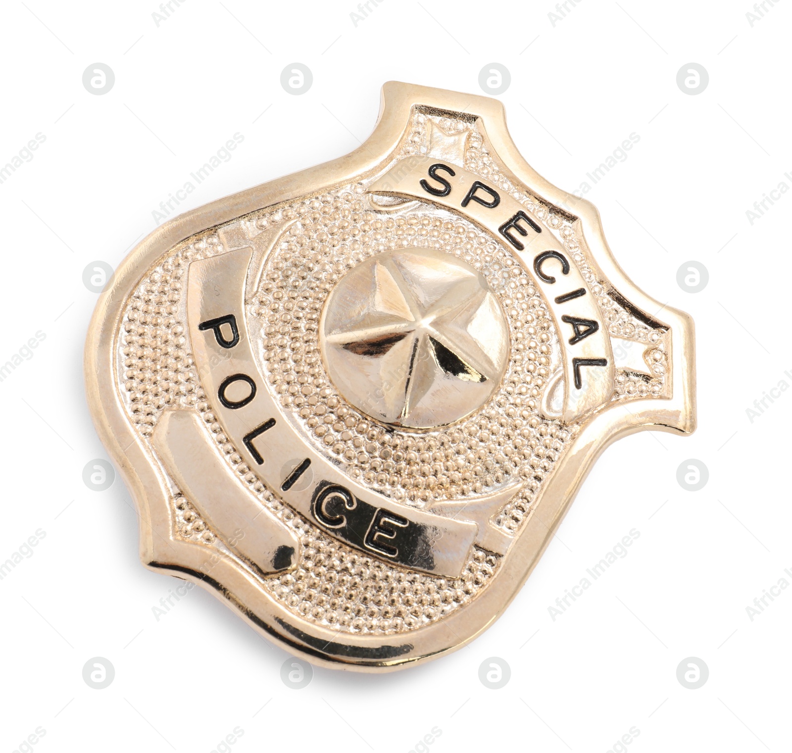 One badge on white background, top view. Police equipment Photo of One badge on white background, top view. Police equipment