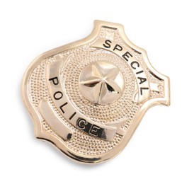 Photo of One badge on white background, top view. Police equipment