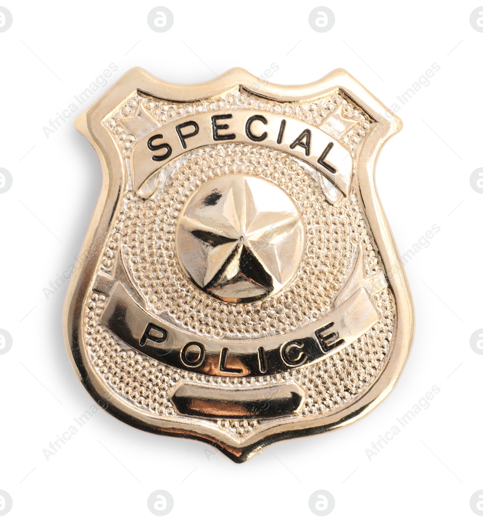 One badge on white background, top view. Police equipment Photo of One badge on white background, top view. Police equipment