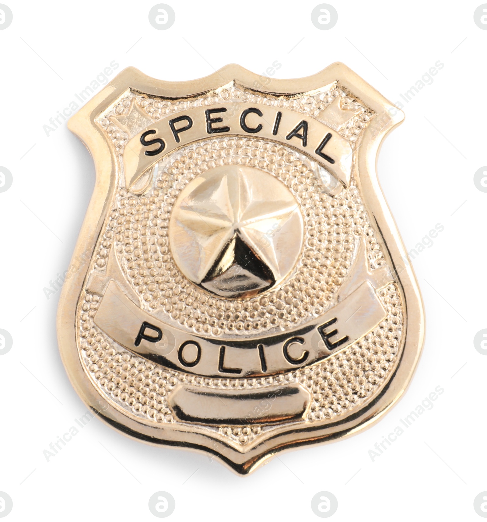 One badge on white background, top view. Police equipment Photo of One badge on white background, top view. Police equipment