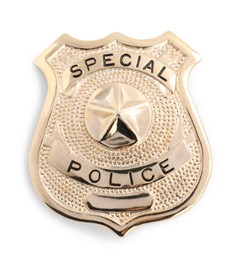 Photo of One badge on white background, top view. Police equipment
