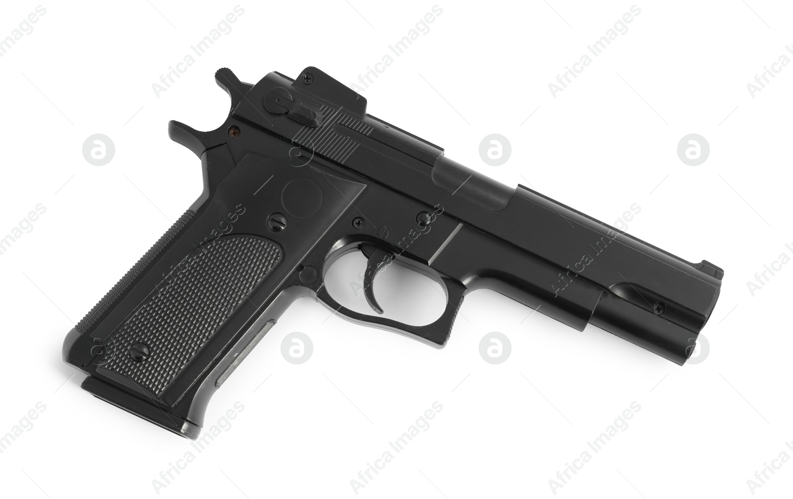 Black gun on white background, top view. Police equipment Photo of Black gun on white background, top view. Police equipment