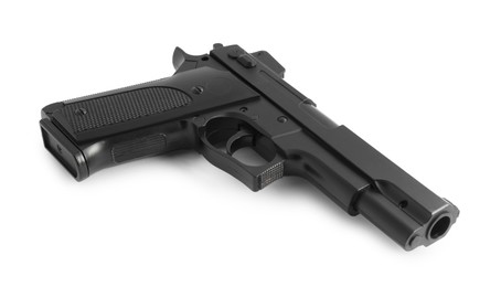 Photo of Black gun on white background. Police equipment