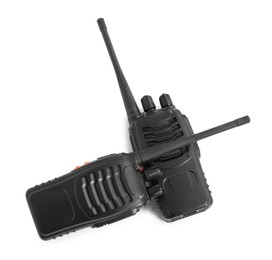 Photo of Two walkie talkies on white background, top view. Police equipment