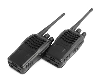 Photo of Two walkie talkies on white background. Police equipment