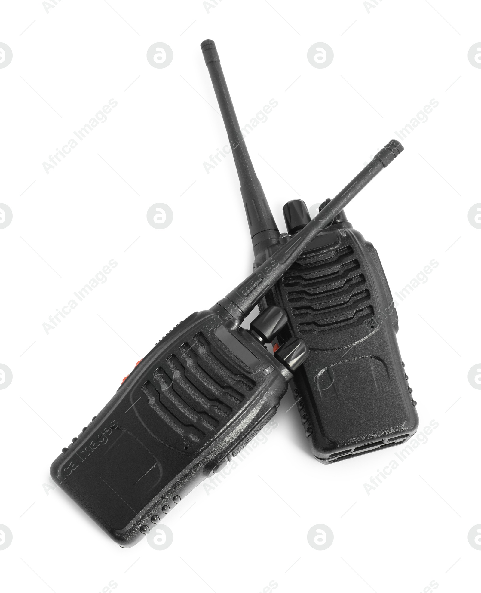 Two walkie talkies on white background, top view. Police equipment Photo of Two walkie talkies on white background, top view. Police equipment